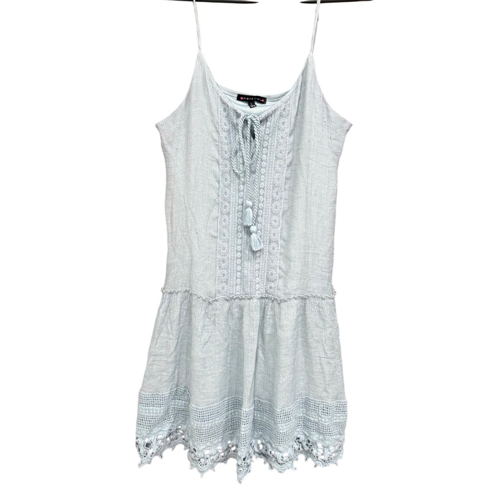Fishbowl Blue Mini Dress Crochet Lace Trim Boho Tassel Tie Sleeveless Women's‎ L